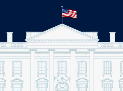 Illustration of the White House with the American flag flying above it.